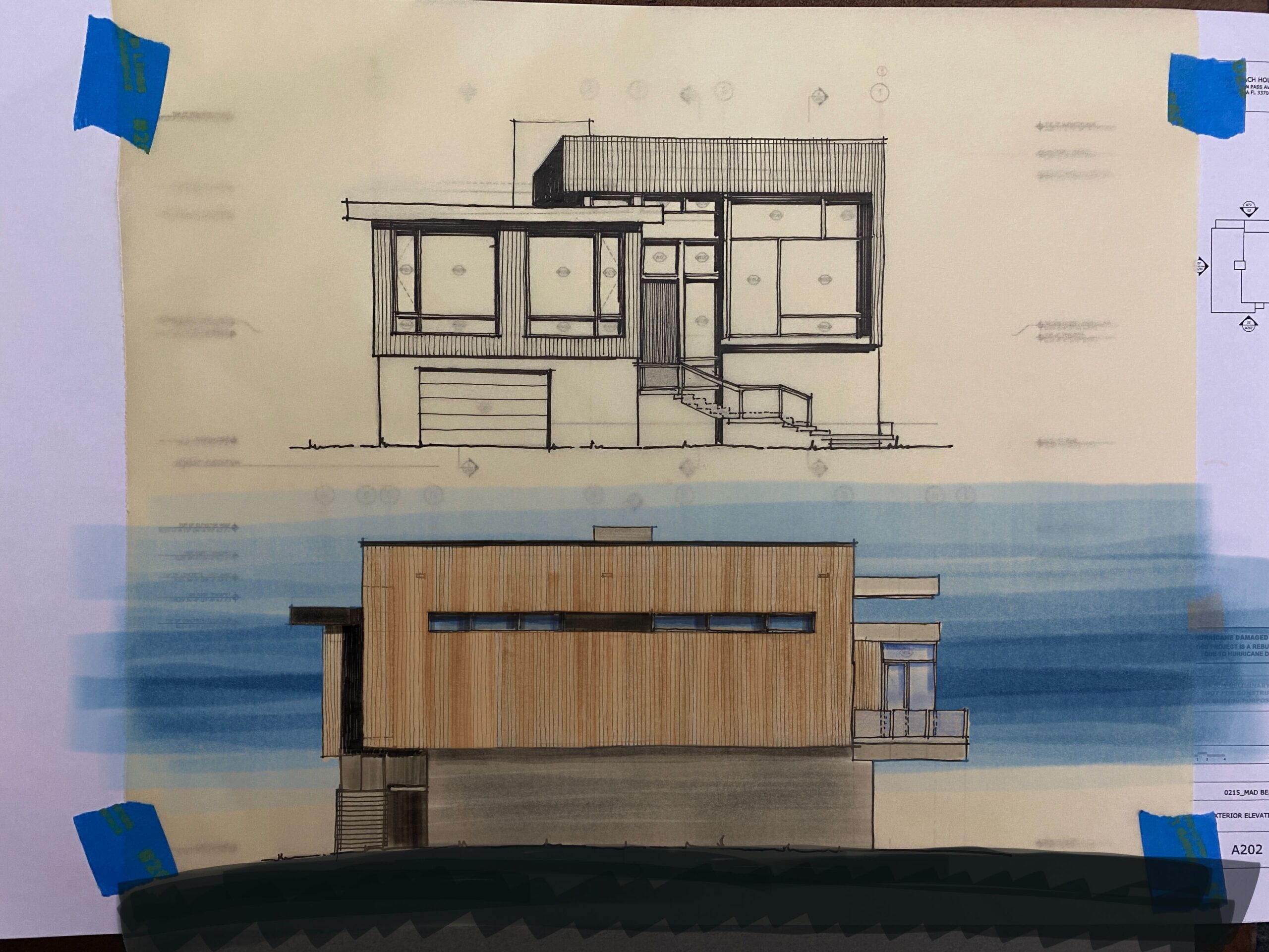 MAD Beach House - Designs for a contemporary beach house in Madeira Beach near Tampa Florida, showing elevations with wood siding and glass facades
