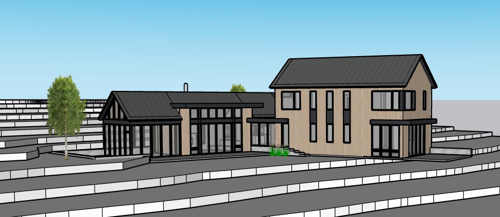 A 3D digital architectural model of "The Nest," a modern home by Studio MM Architect, showing a multi-volume wood-clad structure with large glass windows on a terraced landscape.