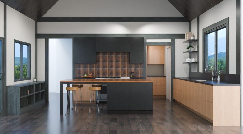 An architectural rendering of the kitchen at Fowler Lake, a Japanese-inspired modern renovation in Ghent. The design features a minimalist aesthetic with a vaulted ceiling and dark-stained structural beams that frame the white walls. A combination of charcoal-black and light oak cabinetry is paired with a central kitchen island and a vertically oriented, wood-textured tile backsplash. Large windows provide a seamless connection to the Hudson Valley landscape, reflecting the project's focus on nature-integrated living.