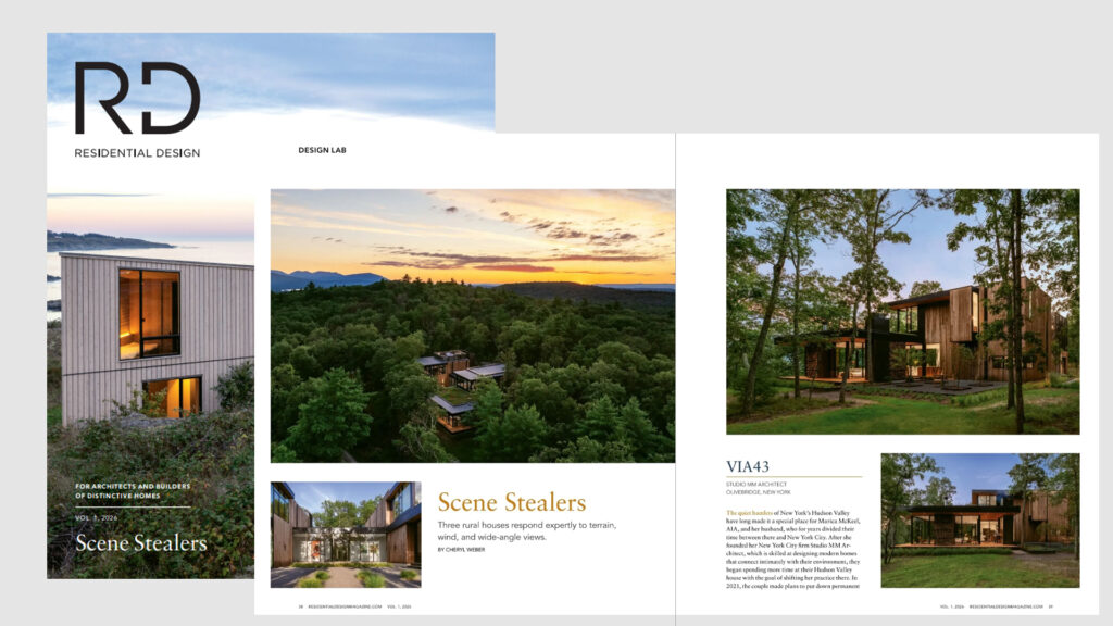 Studio MM Architect and Marica McKeel, featured in Residential Design Magazine. Images show VIA43, a contemporary home design, integrated into a rural wooded landscape.