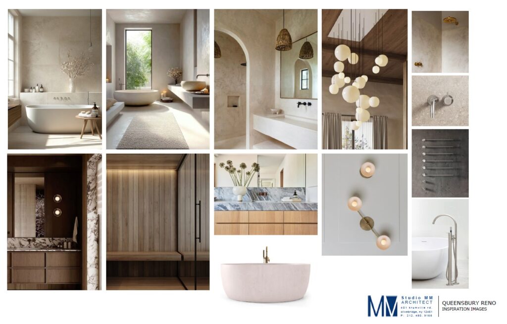 Design inspiration collage for a modern renovation featuring arched doorways, limestone plaster walls, marble vanities, a freestanding soaking tub, and natural wood accents.