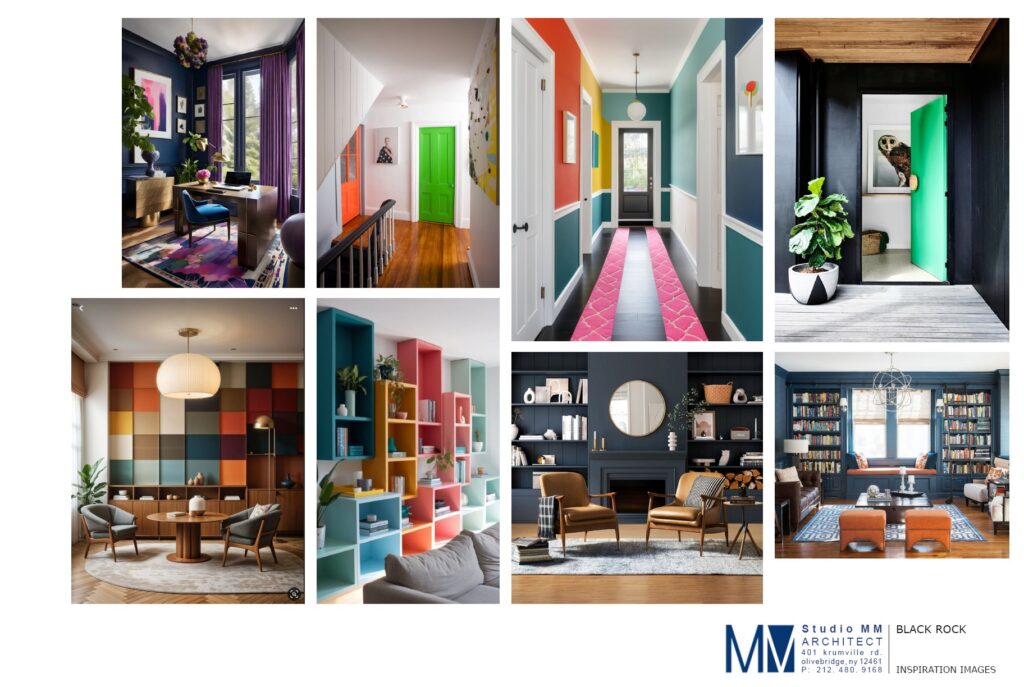 An interior design mood board titled "Black Rock Inspiration Images" by Studio MM Architect. The board features eight images showcasing a bold, colorful, and modern aesthetic. Key elements include deep navy and charcoal walls, vibrant accents like neon green and orange doors, a pink runner in a multi-colored hallway, and playful built-in shelving in pastel hues. The furniture is a mix of mid-century modern and contemporary styles, emphasizing rich textures and geometric patterns.