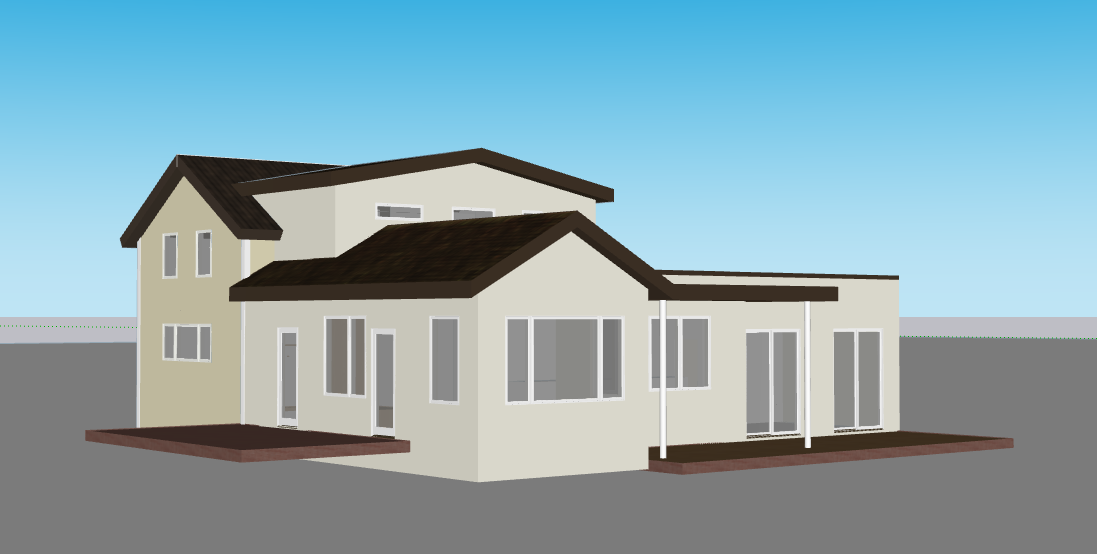 A 3D architectural massing model by Studio MM Architect showing the proposed renovation for Acorn Hill. The design transforms the original structure into a modern composition of intersecting volumes with a neutral cream palette and dark roofing. It features expanded glazing, including large picture windows and sliding glass doors that lead to multiple new deck areas.