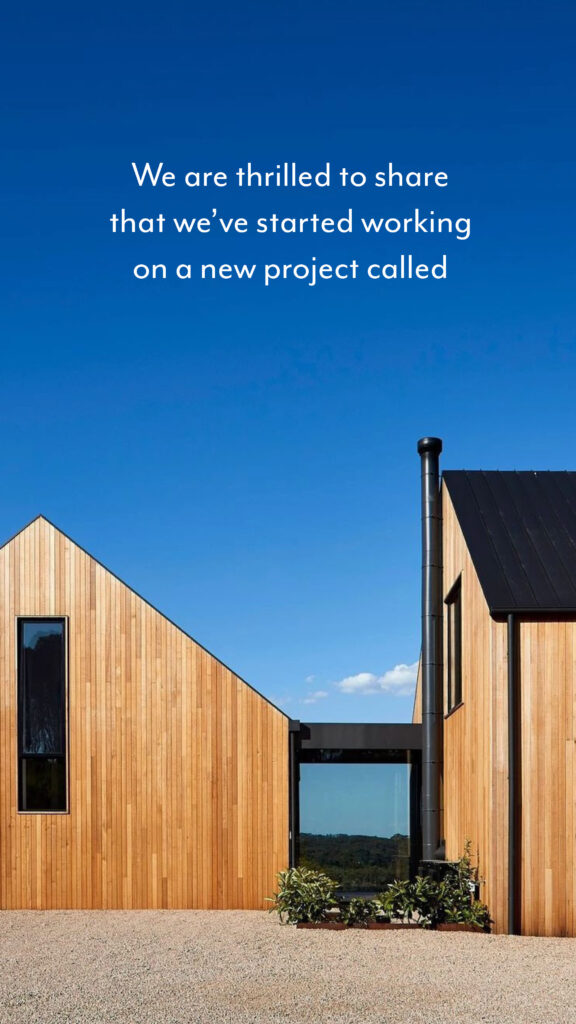 Announcement of new Quattro residential architecture project, with inspiration image of timber-clad barn-style buildings under blue sky.