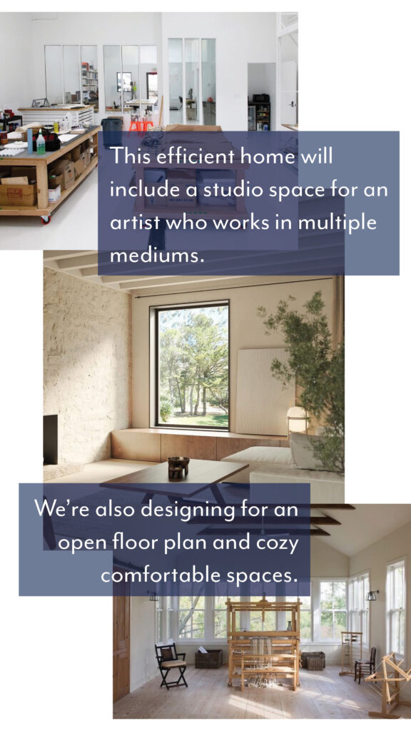 Inspiration images for the Quattro project showing an artist's studio, cozy living space with large windows, and loom workshop interior.