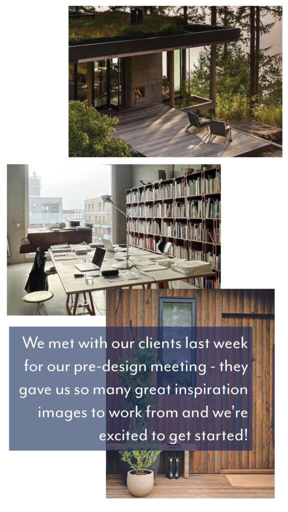 Client inspiration images for Quattro pre-design meeting showing glass forest pavilion, library workspace, and wood-clad entry with plants.