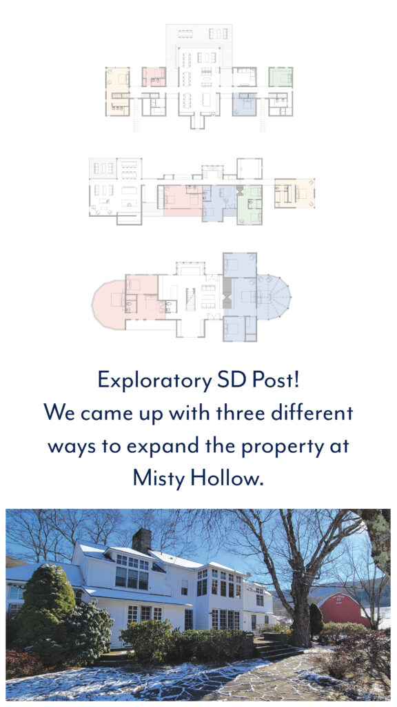 Misty Hollow exploratory schematic design showing three color-coded floor plan proposals for expanding a historic white New England farmhouse.