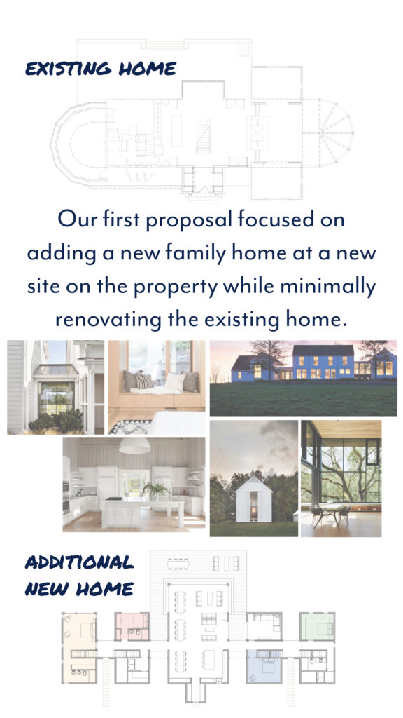 Misty Hollow Proposal 1 floor plans and inspiration images showing a new family home added to the property with minimal renovation of the existing house.