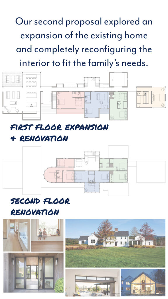 Misty Hollow Proposal 2 showing first floor expansion and renovation plans alongside second floor renovation for a complete reconfiguration of the existing home.