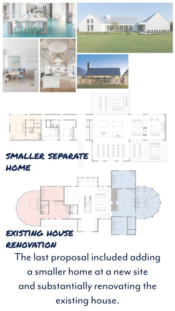 Misty Hollow Proposal 3 floor plans for a smaller separate home and a substantial renovation of the existing house, with modern farmhouse inspiration images.