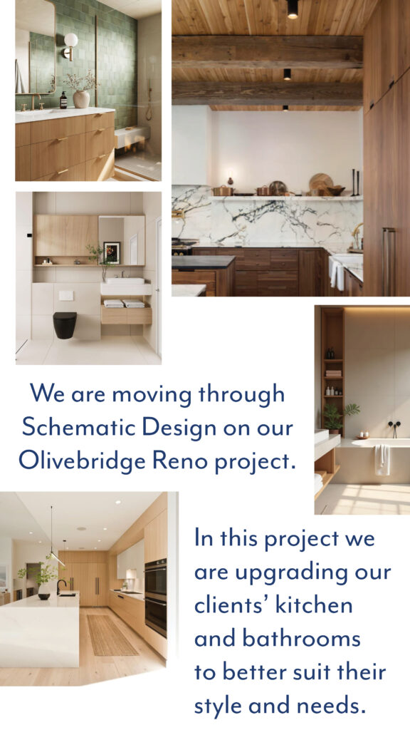 Olivebridge Renovation schematic design intro with inspiration images of green-tiled bathroom, walnut kitchen with marble backsplash, and spa-style bath.