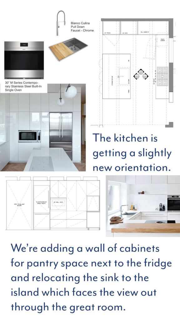 Olivebridge kitchen redesign floor plan and elevations showing new island sink placement, pantry cabinet wall, Wolf oven, and Blanco pull-down faucet.