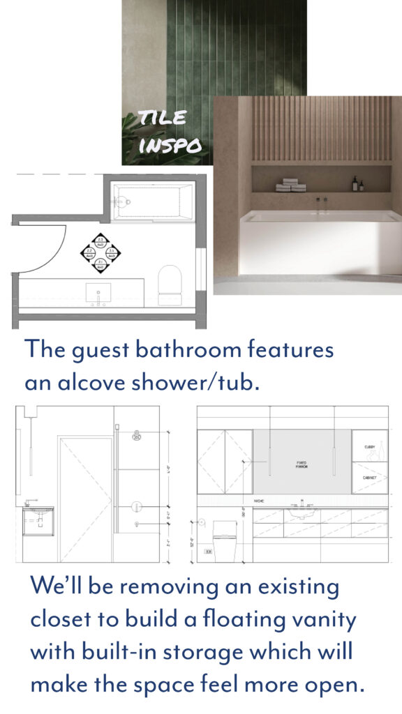 Olivebridge guest bathroom floor plan and elevations showing new alcove tub-shower, floating vanity with built-in storage, and green tile inspiration.