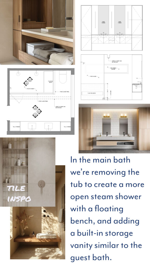 Olivebridge main bathroom redesign plans and elevations featuring an open steam shower with floating bench, built-in vanity storage, and ribbon window.