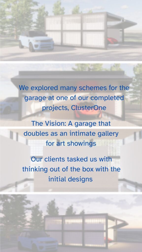 Architectural renders of a modern garage-gallery for the ClusterOne project, designed to double as an art exhibition space.