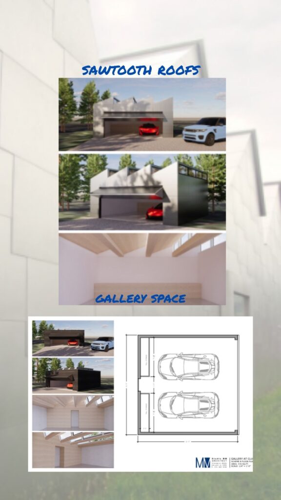 3D renders of a sawtooth roof garage-gallery design with dramatic angular rooflines and bright gallery interior, ClusterOne project.