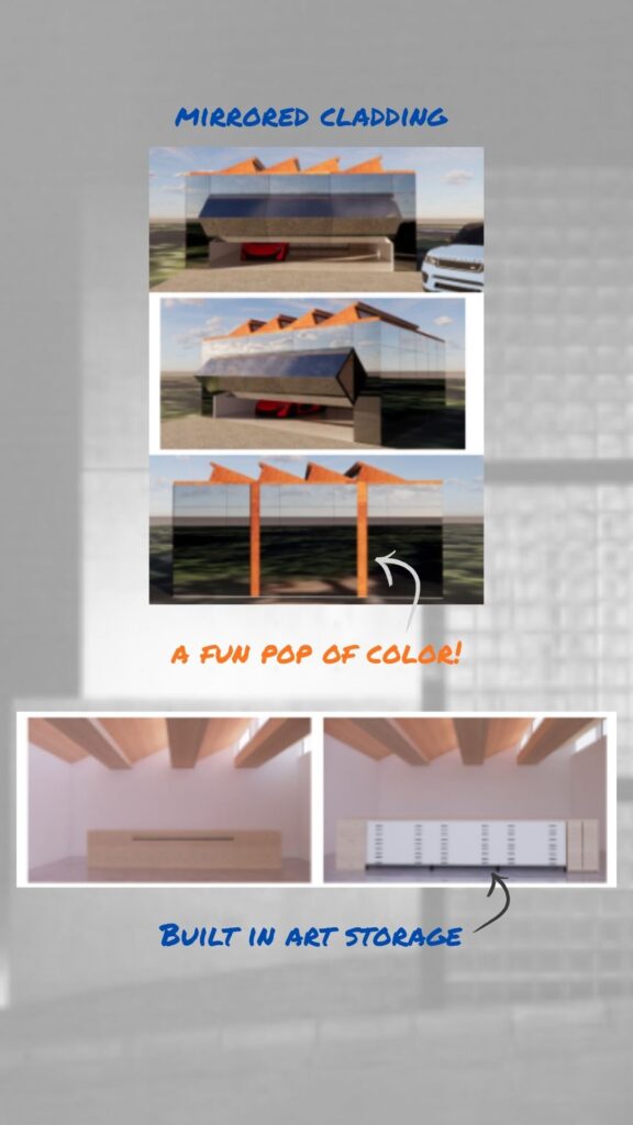 ClusterOne garage-gallery design with mirrored cladding, bold orange sawtooth fins, and built-in art storage interior.