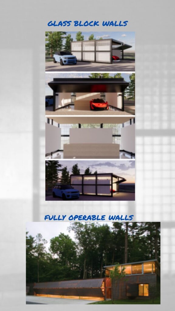 Design scheme comparison for ClusterOne garage showing glass block walls and fully operable wall options, with 3D architectural renders.