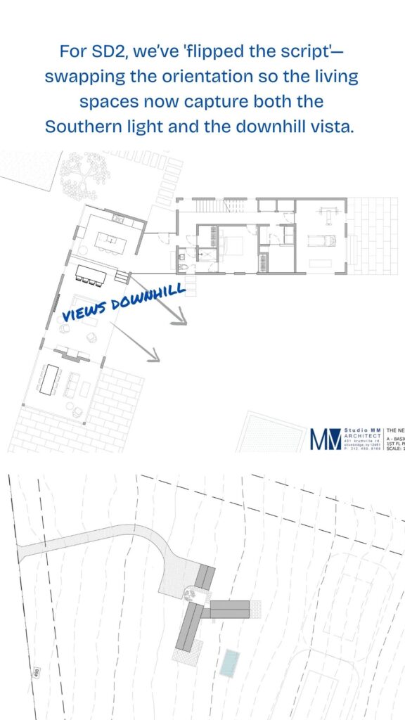 The Nest SD2 floor plan and site plan showing living spaces reoriented to capture southern light and downhill views.