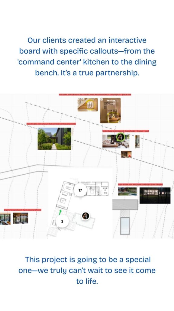 The Nest client-created interactive design board showing inspiration images pinned to the site plan and floor plan with specific callouts for kitchen, dining, porch, and living room.