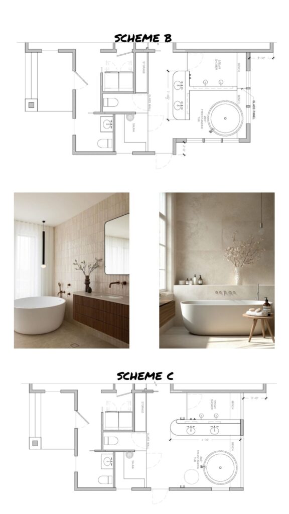 Queensbury bathroom Scheme B and Scheme C floor plans featuring freestanding tub, steam shower, sauna, glass wall, and bench, with warm spa bathroom inspiration images.
