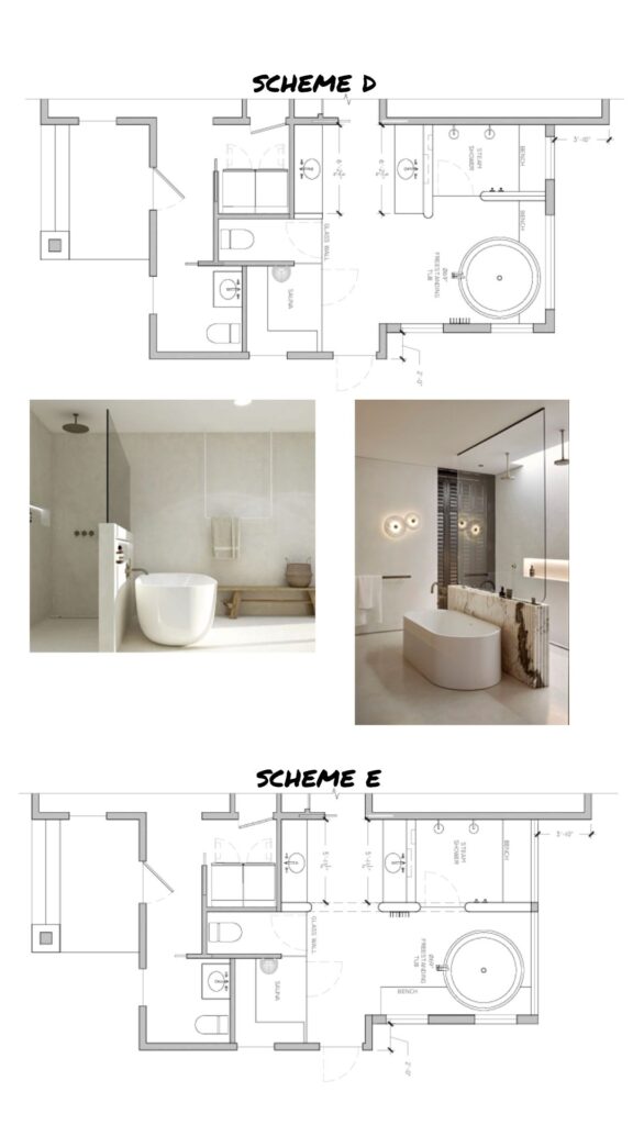Queensbury bathroom Scheme D and Scheme E floor plans with rain shower, freestanding tub, sauna, and floating bench, with minimalist spa bathroom inspiration.