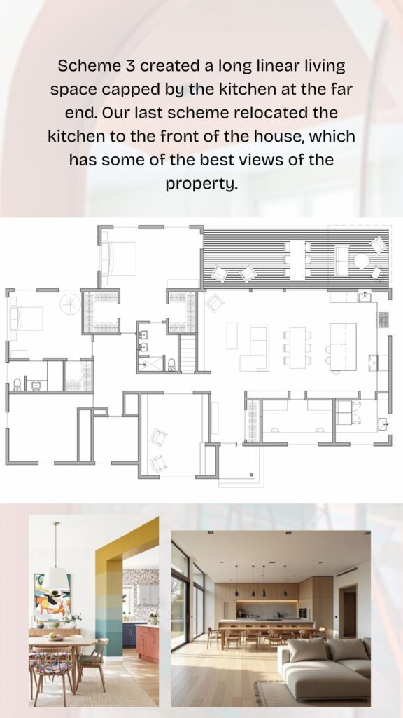 Black Rock Schemes 3 and 4 floor plans showing linear open living space and kitchen relocation to front of house for prime property views, with colorful open-plan interior inspiration.