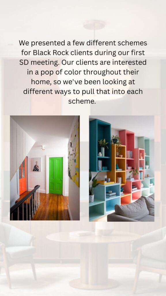 Black Rock SD1 overview showing client preference for bold color pops throughout the home, with inspiration images of bright painted doors and multicolored modular bookshelves.