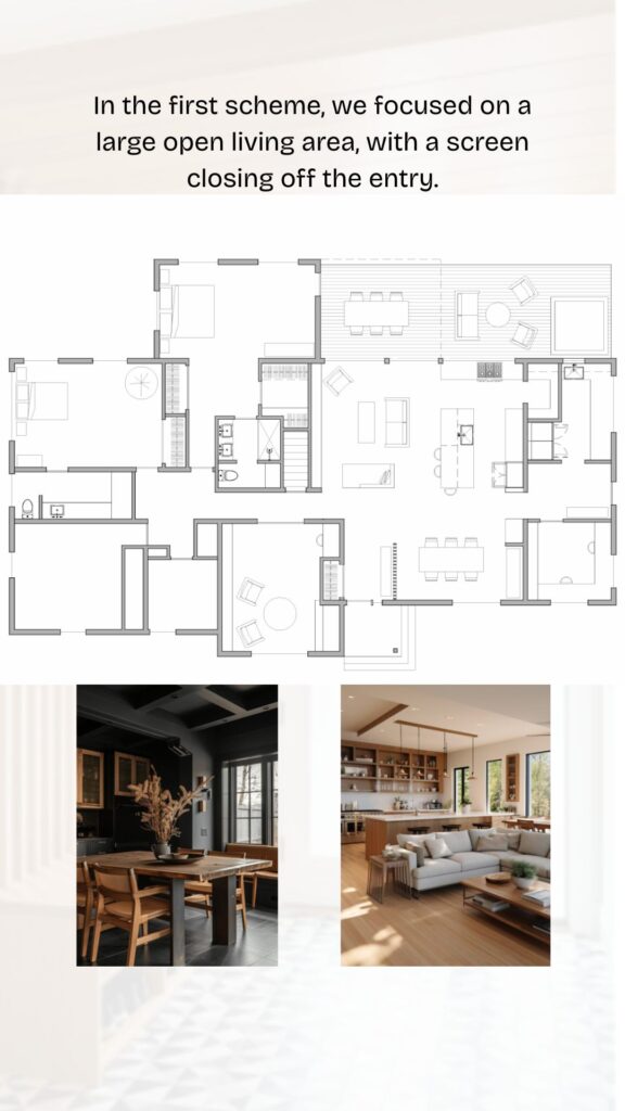 Black Rock Scheme 1 floor plan showing large open living area with entry screen, paired with dark moody dining and open kitchen-living inspiration images.