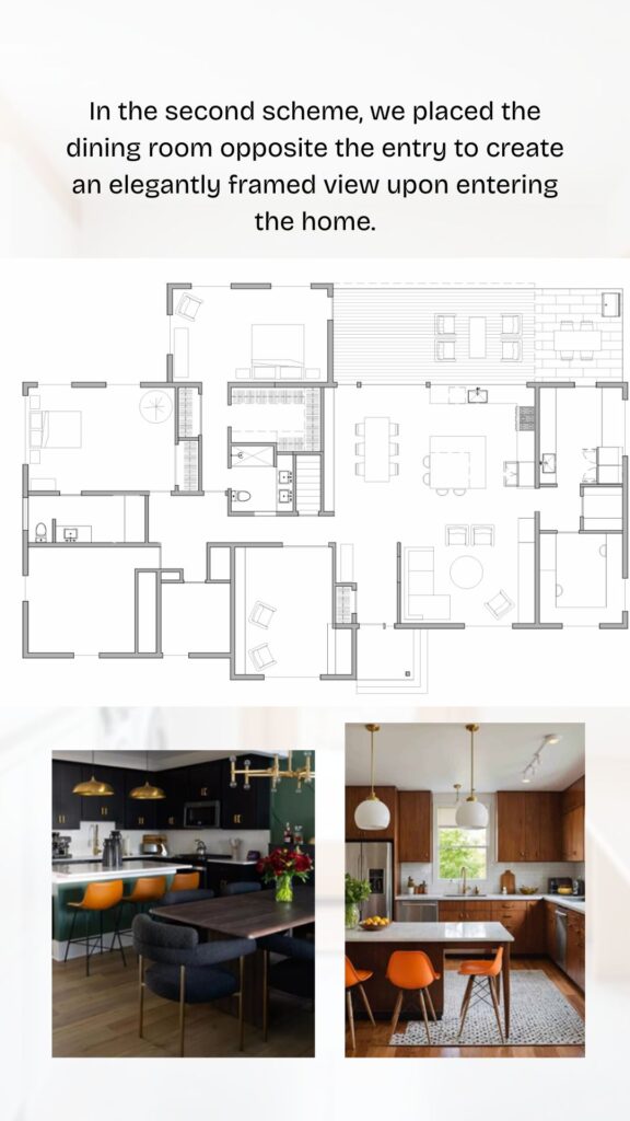 Black Rock Scheme 2 floor plan positioning the dining room opposite the entry for a framed arrival view, with colorful mid-century inspired kitchen inspiration images.