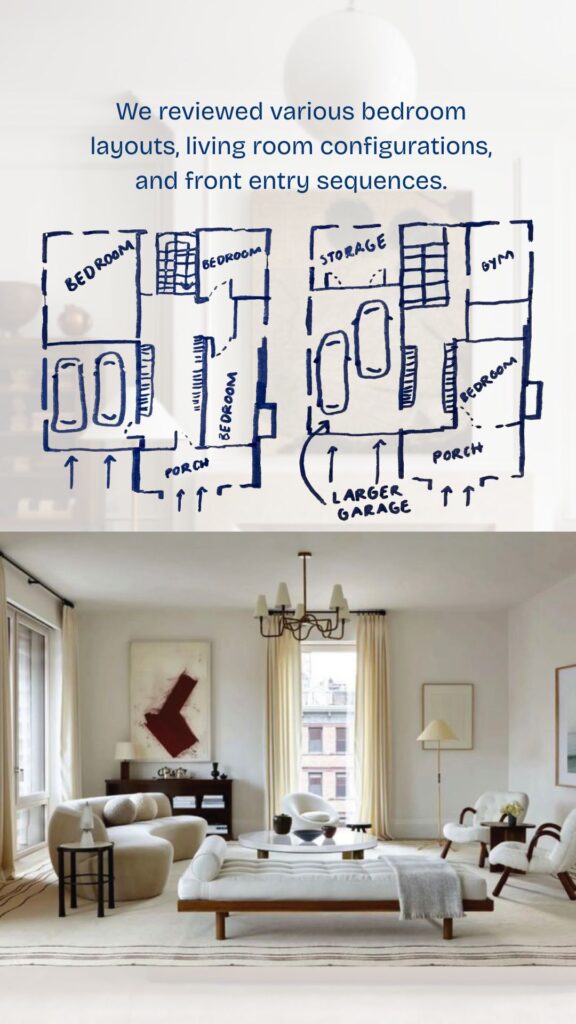 Beacon Firehouse hand-sketched floor plan alternatives exploring bedroom layouts, larger garage option, gym, and porch configurations, with elegant minimalist living room inspiration.