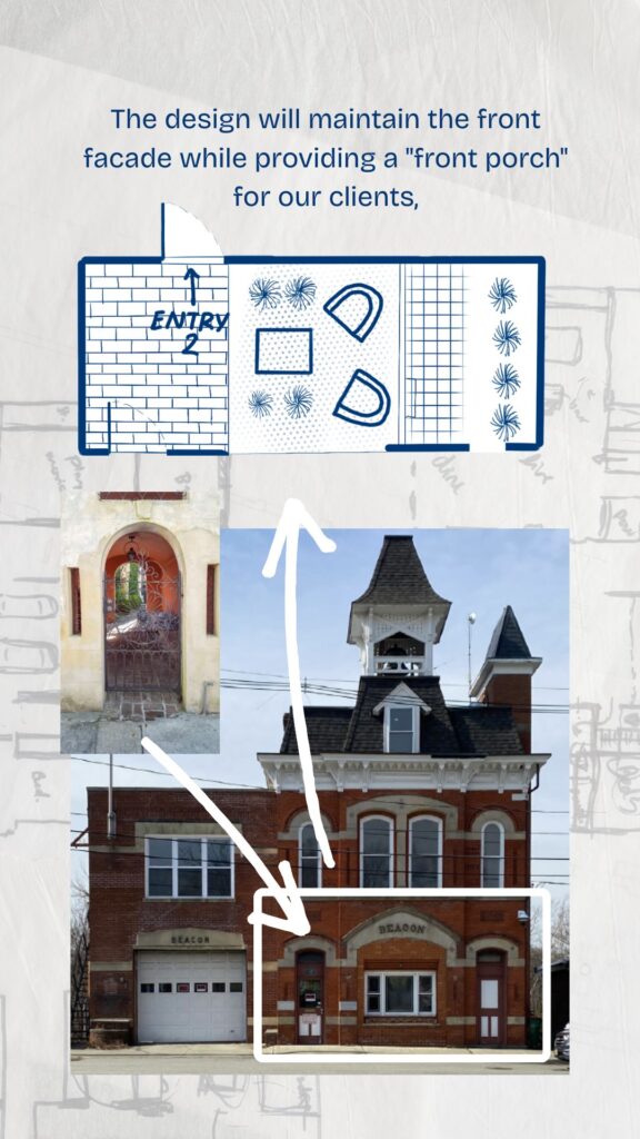 Beacon Firehouse design preserving the historic brick front facade while adding a new front porch and outdoor gathering area for the client, shown with site plan sketch and photos of the existing building.