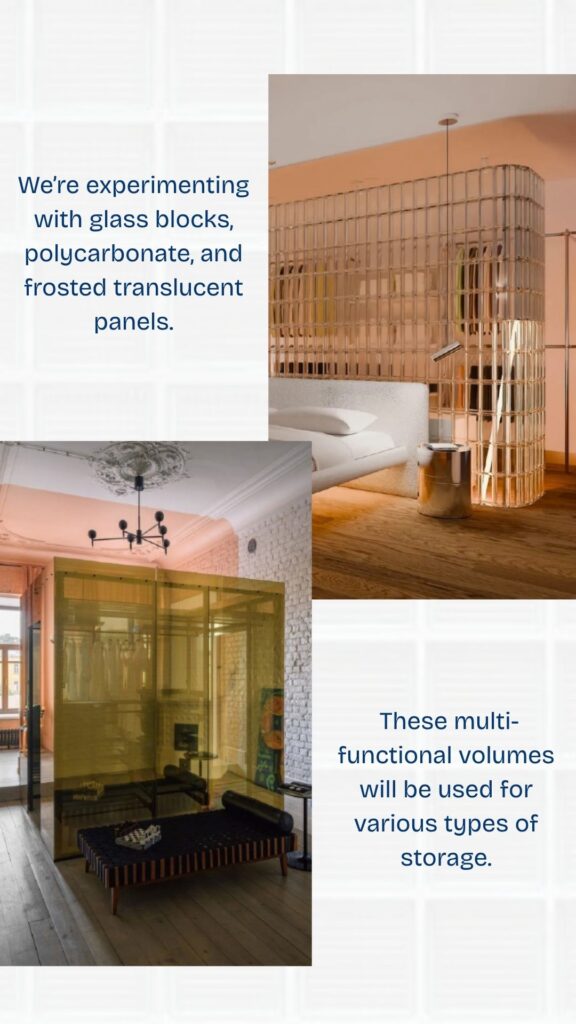 See Haus SD3 inspiration images for translucent multi-functional storage volumes using glass block, polycarbonate, and frosted panels as interior design and light elements.