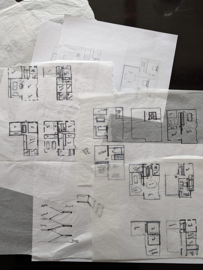 Schematic design sketches for Beacon Firehouse conversion, exploring the transformation of the historic firehouse into a single-family residence with a central stair spine.