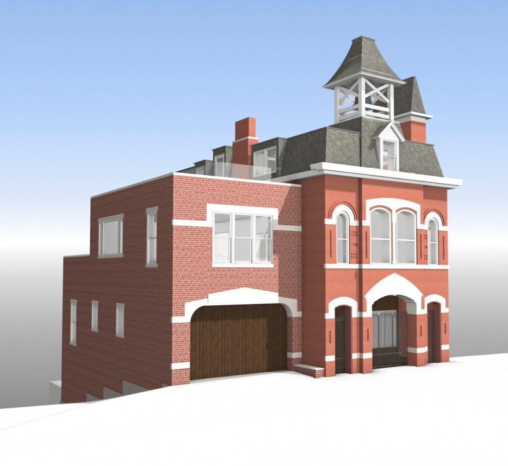 Design development screenshot for Beacon Firehouse showing exterior exploration and how new interventions will respect and complement the historic building.