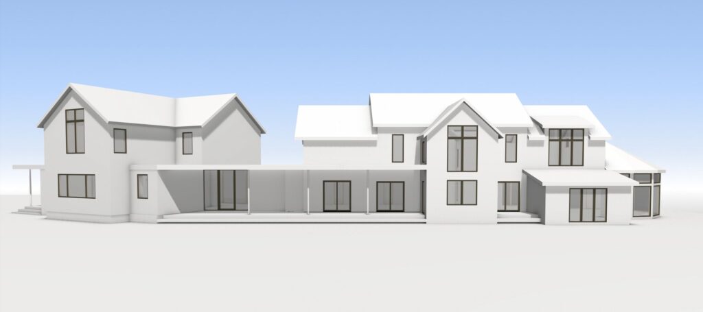 Schematic design study for Misty Hollow addition and renovation, showing the proposed living room, dining room, and kitchen addition layout for this multi-generational family home.