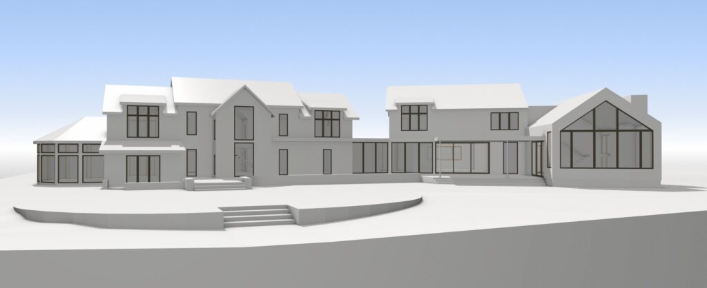 Schematic design plan for Misty Hollow showing the reconfiguration of the existing house alongside the new addition to better accommodate a multi-generational family.