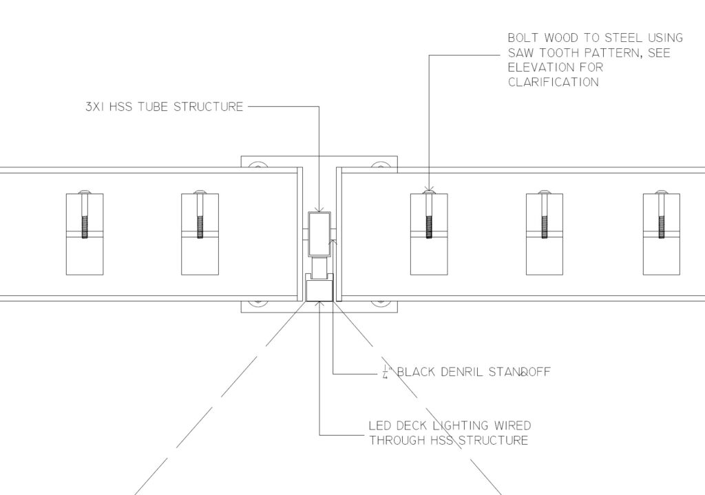 Plan detail drawing of cedar battens bolted to a steel frame in a saw-tooth pattern with LED wiring