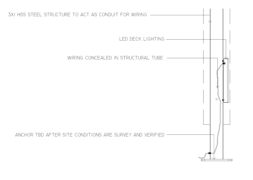 Architectural section drawing of a steel structural tube used as conduit for LED deck lighting
