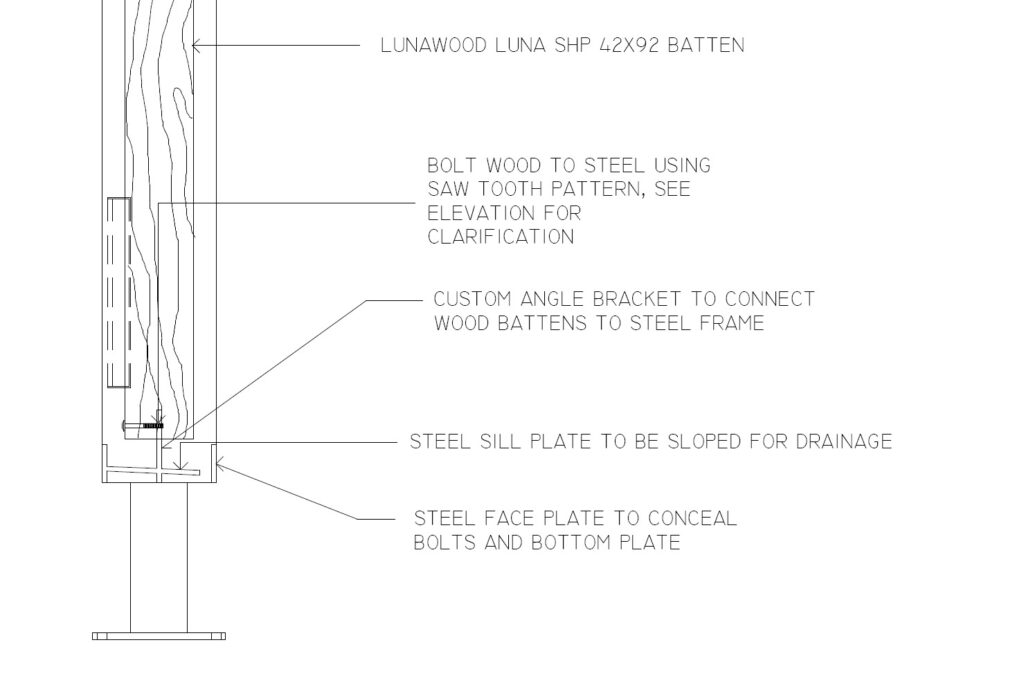 Section drawing detailing Lunawood thermally modified batten attachment to a sloped steel sill plate