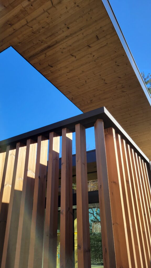 Wood-clad soffit and roof overhang above a cedar batten screen wall against a blue sky
