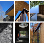 Collage of modern residential architecture details — cozy window seat, stone walls, wood batten screens, steel railing, and a fireplace
