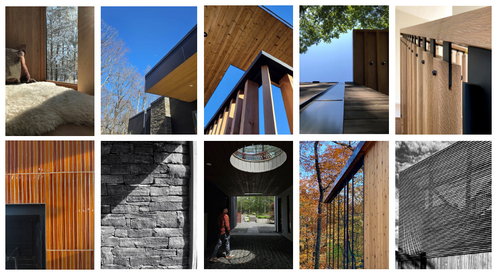 Collage of modern residential architecture details — cozy window seat, stone walls, wood batten screens, steel railing, and a fireplace