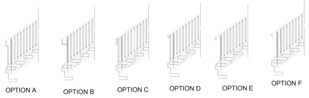 Six design option drawings comparing baluster spacing and profiles for a modern oak stair railing