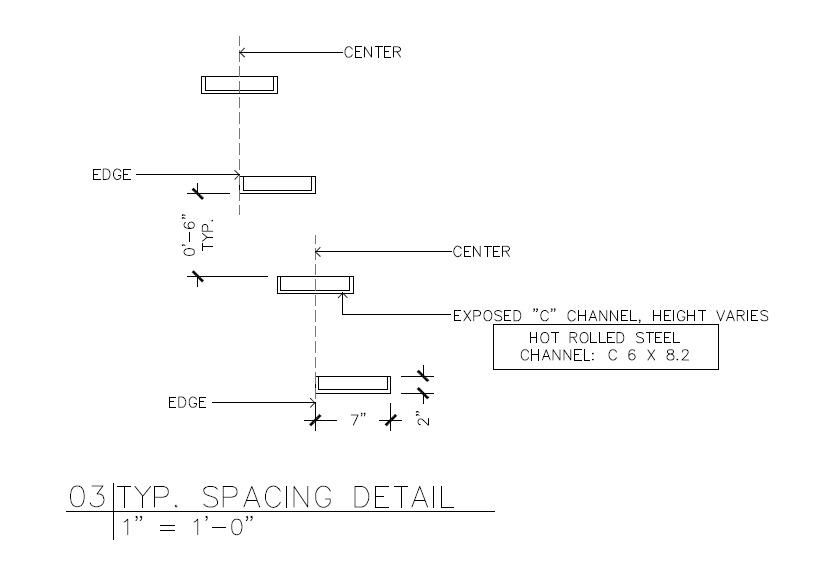 CAD detail drawing specifying spacing and dimensions for exposed steel channel balusters