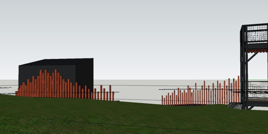 Elevation rendering of the undulating orange steel fence design flanking the home's black-clad facade