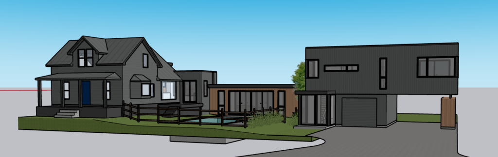 3D massing rendering of a long addition transitioning from a modern cantilevered dark volume into a traditional gabled house form