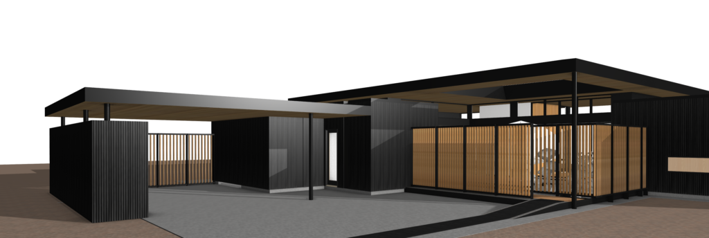 Wider 3D rendering of the same black slat-clad modern building showing an L-shaped roofline and wood-slat screening around an outdoor seating area