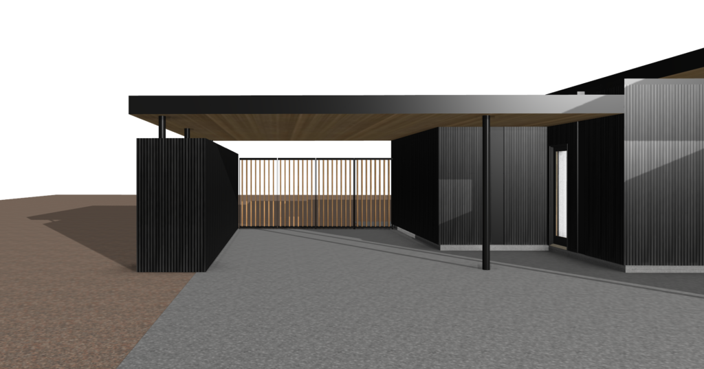 3D architectural rendering of a modern black vertical-slat-clad structure with a cantilevered flat roof and wood-slat privacy screen