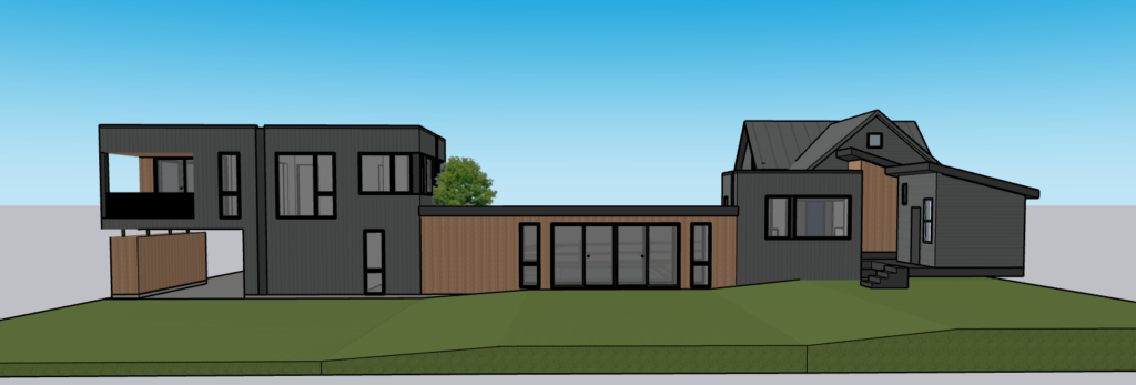 3D architectural rendering of a two-story modern house with wood vertical siding, a stone-clad entry volume, and angled flat roof
